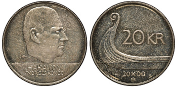 Норвегия 20 крон 2000 Харальд V (1992-) KM 453 никель латунь aUNC 81-844