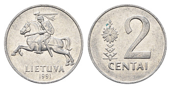Литва 2 цента (сента) 1991 год-тип KM 86 алюминий aUNC 4689-1041