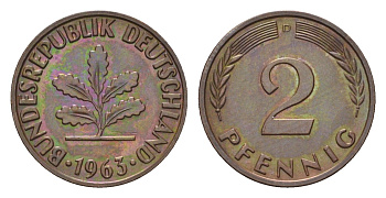 ФРГ 2 пфеннига 1963 D KM 106, J. 381 бронза 4564-252