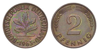ФРГ 2 пфеннига 1963 D KM 106, J. 381 бронза 4564-252