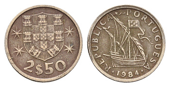 Португалия 2,5 эскудо 1984 парусник KM 590 медно-никель 4685-617