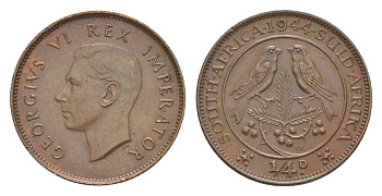 ЮАР 1/4 пенни (фартинг) 1944 Георг VI (1936-1952) KM 23 бронза 4596-228