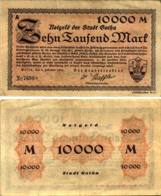 ГОТА 10000 МАРОК 1923 НОТГЕЛЬД, 8 ФЕВРАЛЯ 1923, ЗЕМЛЯ ТЮРИНГИЯ Muller 1825.11 бумага 6318-35-2-2