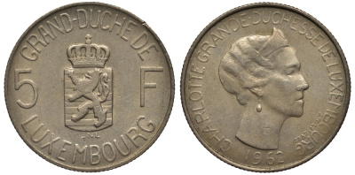 Люксембург 5 франков 1962 Великая герцогиня Шарлотта (1919-1964) KM 51 медно-никель 4536-526