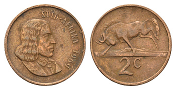 ЮАР 2 цента 1969 Ян ван Рибек (1619-1677), Suid Africa, легенда на африкаанс, антилопа гну KM 66.2 бронза 4122-451