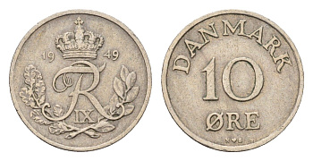 Дания 10 эре 1949 N, Фредерик IX (1947-1972) KM 841 медно-никель 4701-935