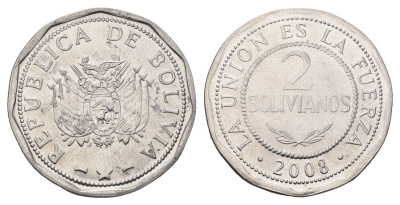 Боливия 2 боливиано 2008 KM 206.2 нержавеющая сталь UNC 4700-1252