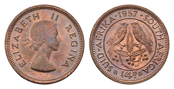 ЮАР 1/4 пенни (фартинг) 1957 Елизавета II (1952-2022) KM 44 бронза UNC 4690-925