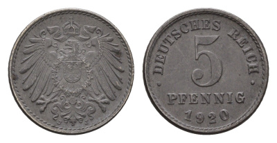 Германия 5 пфеннигов 1920 J KM 19, J. 297 железо плакированная цинков 4684-1122