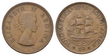 ЮАР 1 пенни 1955 Елизавета II (1952-2022), парусник KM 46 бронза 4123-1214