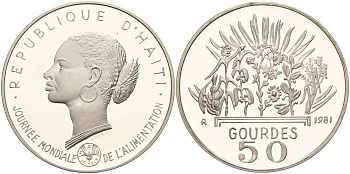 Гаити 50 гурдов 1981 50 лет FAO, голова женщины KM 149 серебро PROOF 1066-1-65