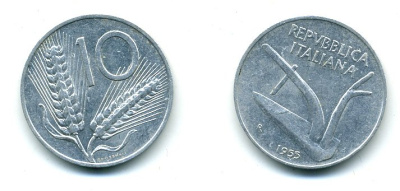 ИТАЛИЯ 10 ЛИР 1955 R, КОЛОСЬЯ, ПЛУГ KM 93 алюминий 25-924