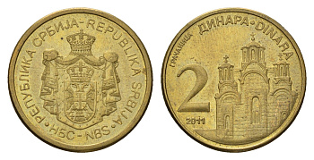 Сербия 2 динара 2011 KM 55 сталь плакированная латунью 4694-1217