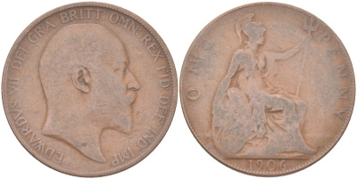 Великобритания 1 пенни 1906 Эдуард VII (1901-1910) KM 794.2, Spink 3990 бронза 4162-544