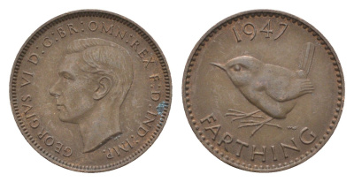 Великобритания 1 фартинг 1947 Георг VI (1936-1952) KM 843, Spink 4116 бронза 4664-354