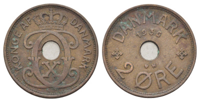 Дания 2 эре 1936 N, Кристиан X (1912-1947) KM 827 бронза 4701-837