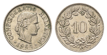 Швейцария 10 раппенов 1964 KM 27 медно-никель 4685-251