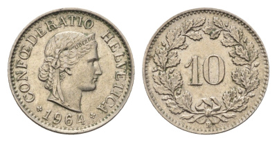 Швейцария 10 раппенов 1964 KM 27 медно-никель 4685-251