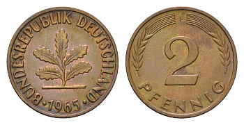 ФРГ 2 пфеннига 1965 F KM 106, J. 381 бронза 214-218