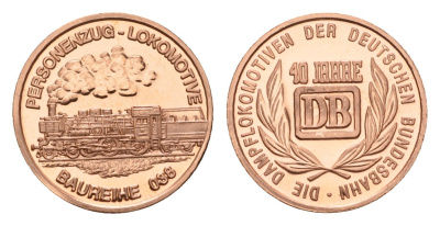ФРГ медаль из серии 40 лет Bundesbahn (Бундесбан) - Personenzug-Lokomotive (Baureihe 088) 1989 государственные железные дороги, диаметр 18 мм, вес 2,3 гр алюминий плакированный медью UNC 4685-732