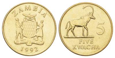 Замбия 5 квачей 1992 год-тип KM 31 латунь UNC 4516-757