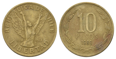 Чили 10 песо 1989 KM 218 латунь 4155-137