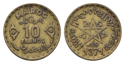 Марокко 10 франков 1952 AH 1371 Y 49 медь алюминий никель 4124-742