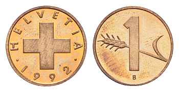 Швейцария 1 раппен 1992 B KM 46 бронза UNC 4708-316