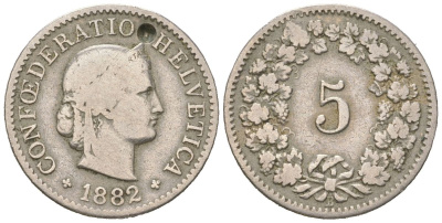 Швейцария 5 раппенов 1882 B KM 26 медно-никель 4189-1016