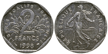 Франция 2 франка 1998 сеятель, тираж 45025013 экземпляров KM 942.1 никель 51-4546