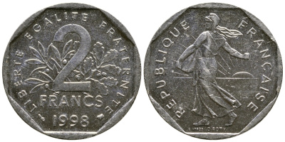 Франция 2 франка 1998 сеятель, тираж 45025013 экземпляров KM 942.1 никель 51-4546