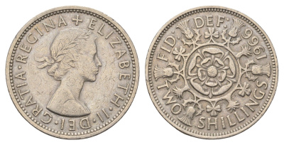 Великобритания 2 шиллинга (флорин) 1966 Елизавета II (1952-2022) KM 906, Spink 4146 медно-никель 4648-1235