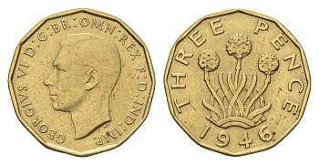 Великобритания 3 пенса 1946 Георг VI (1936-1952), редкий год KM 849, Spink 4112 никель латунь 270-1431