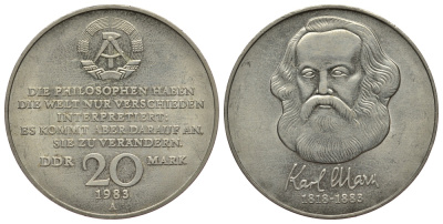 ГДР 20 марок 1983 А, 100 лет со дня смерти Карла Маркса (1818-1883) J. 1592, KM 95 медь никель цинк UNC 413-1511