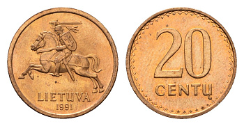 Литва 20 центов (сентов) 1991 год-тип KM 89 бронза UNC 4694-1227