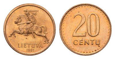 Литва 20 центов (сентов) 1991 год-тип KM 89 бронза UNC 4694-1227