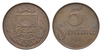 Латвия 5 сантимов 1922 KM 3 бронза 4689-956