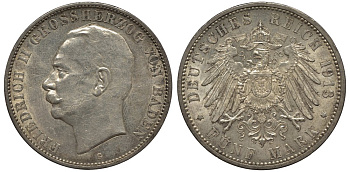 Баден 5 марок 1913 G, Фридрих II (1907-1918) KM 281, Jaeger 40, Weege 40 серебро 00-00