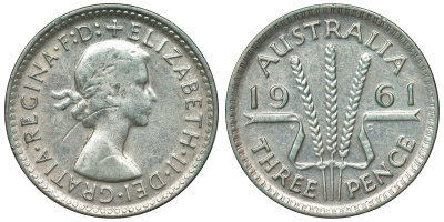Австралия 3 пенса 1961 m, Елизавета II (1952-2022) KM 57 серебро 71-736