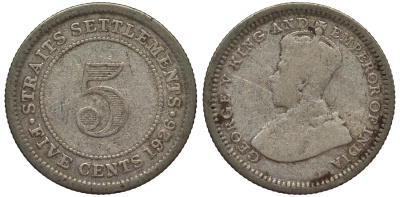 Стрейтс-Сетлментс 5 центов 1926 Георг V (1910-1936) КМ 36 серебро 53-532