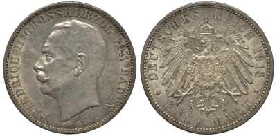 Баден 5 марок 1913 G, Фридрих II (1907-1918) KM 281, Jaeger 40, Weege 40 серебро 00-00