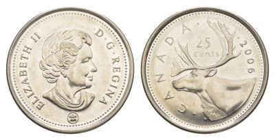 Канада 25 центов 2006 Leaf, Елизавета II (1952-2022), олень KM 493 сталь плакированная никелем UNC 4637-841