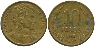 Чили 10 песо 1998 So KM 228.2, Schon 82 алюминиевая бронза 4544-632
