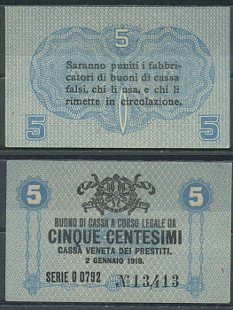 Италия 5 чентезимо 1918 Венецианский ссудный банк Pick M1 бумага aUNC 7554-11-3-2