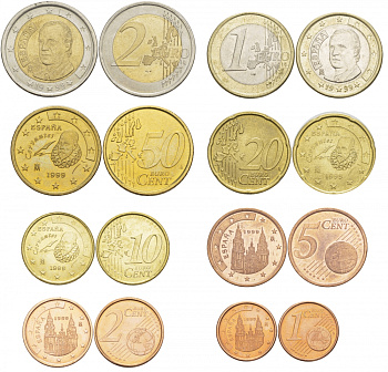 Испания полный евронабор из 8 монет 1999 1, 2, 5, 10, 20, 50 евроцентов, 1 и 2 евро KM 1040, 1041, 1042, 1070, 1071, 1072, 1073, 1074 4686-111-118