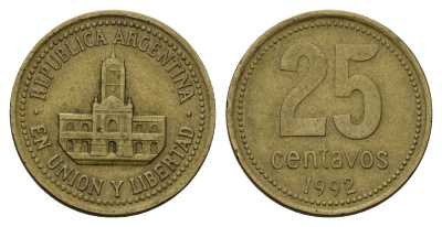 Аргентина 25 сентаво 1992 ратуша Буэнос-Айреса KM 110.1 алюминиевая бронза 4571-751
