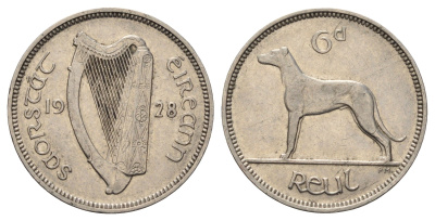 Ирландия 6 пенсов 1928 собака, ирландский волкодав KM 5 никель 4682-549