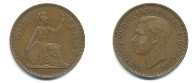 Великобритания 1 пенни 1937 Георг VI (1936-1952) KM 845, Spink 4114 бронза 89-126