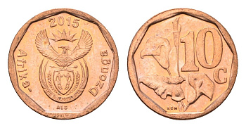 ЮАР 10 центов 2015 герб, цветок алоэ сталь плакированная бронзой UNC 4687-527