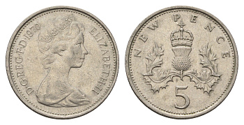 Великобритания 5 пенсов 1970 Елизавета II (1952-2022) KM 911, Spink 4233 (D1) медно-никель 4635-127